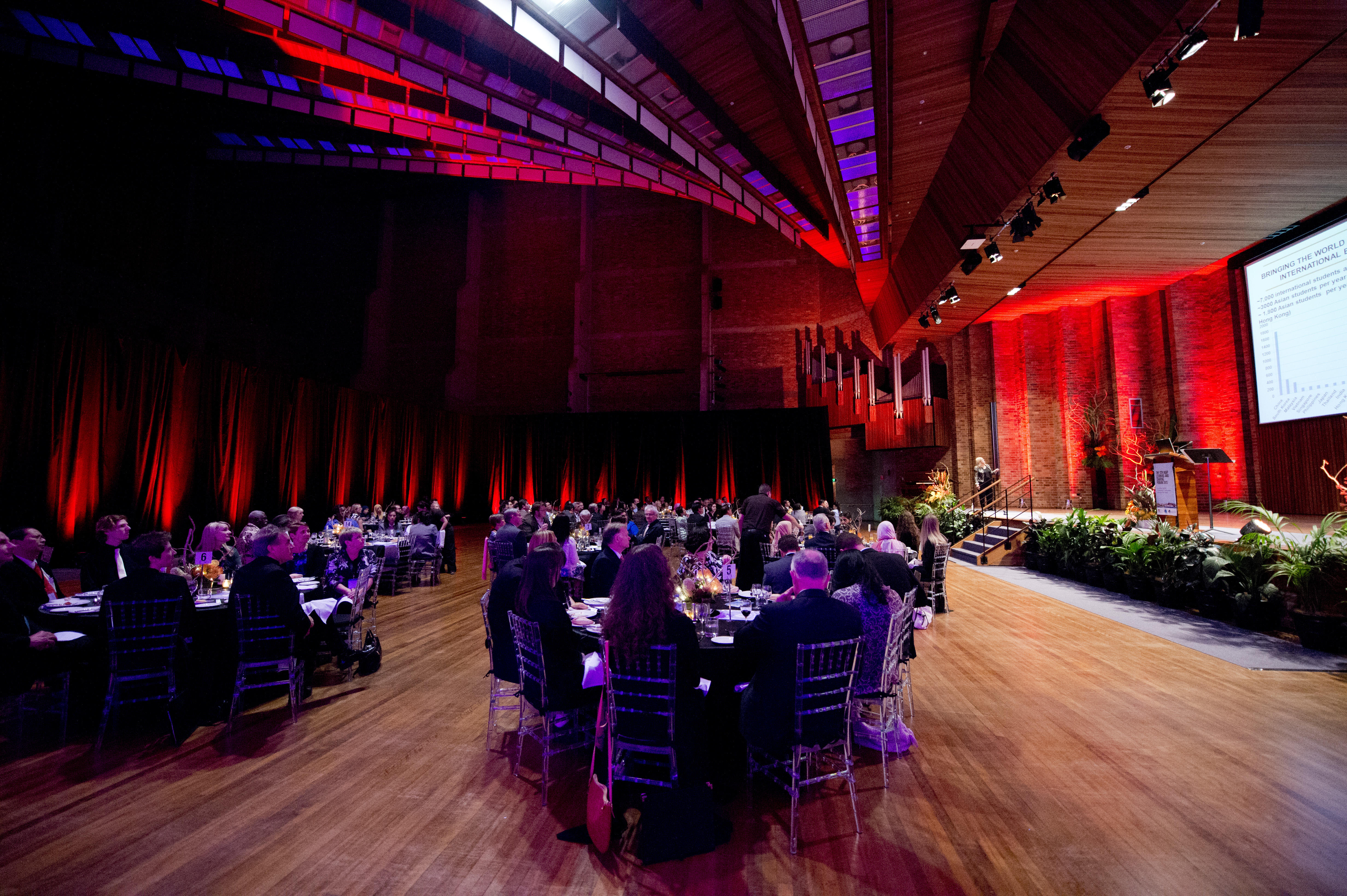 Photo of inside the Great Hall set up for dinner 