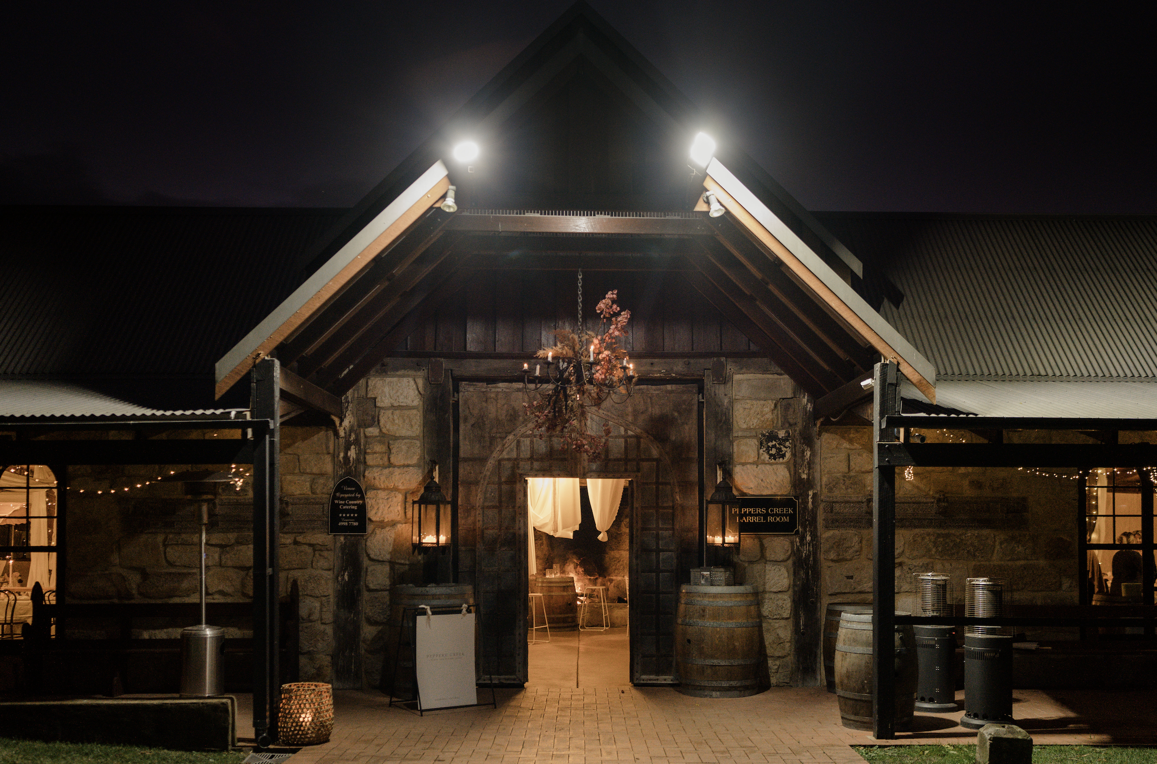 A night time view of the entry to The barrel room, Peppers creek